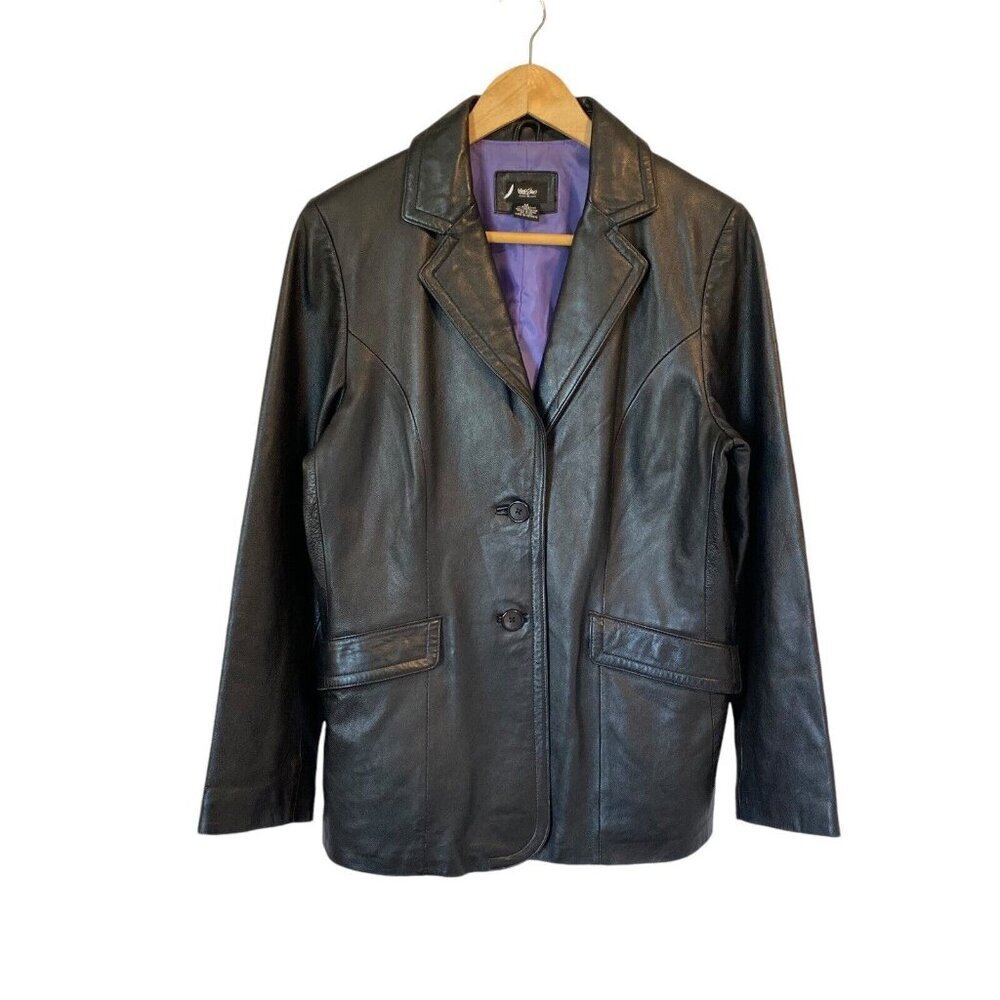 Vintage Mossimo Women’s Black Leather Jacket Blazer Button Up Y2k Classic Size M